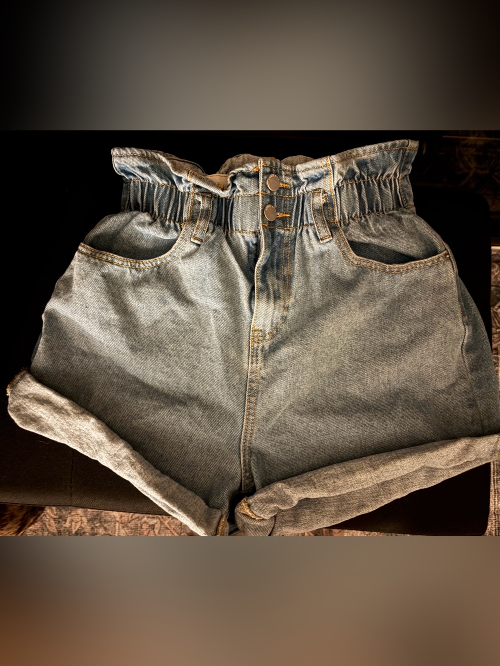 High-Waist Paperbag Denim Shorts - Light Blue